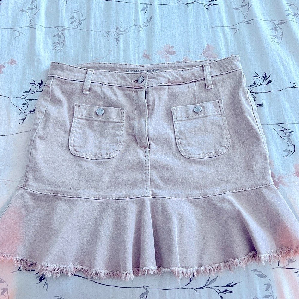 Michael Kors Mini Skirt Sz 14 Light Pink Denim Ruffle Chic Boho